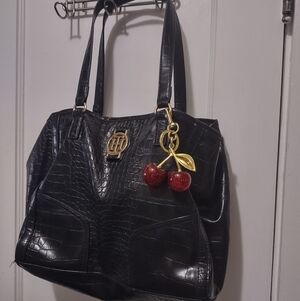 Black Tommy Hilfiger Tote Bag Crocodile Pattern + FREE Cherries Bag Charm